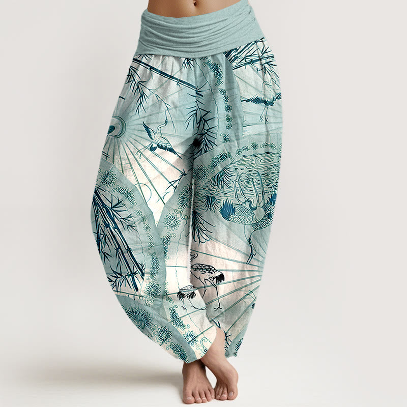 Pantaloni harem da donna con elastico in vita, modello gru e bambù, in puro cotone, motivo Buddha Stones - Turchese - US16, UK/AU20, EU48 (3XL) - image 8