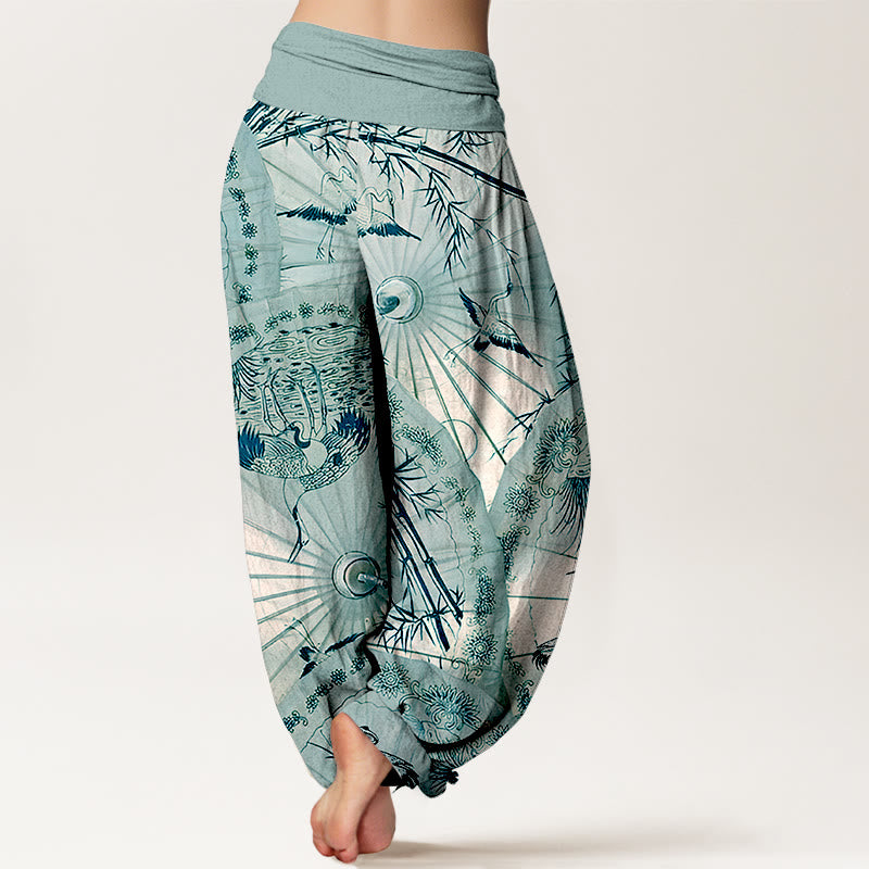 Pantaloni harem da donna con elastico in vita, modello gru e bambù, in puro cotone, motivo Buddha Stones - image 9