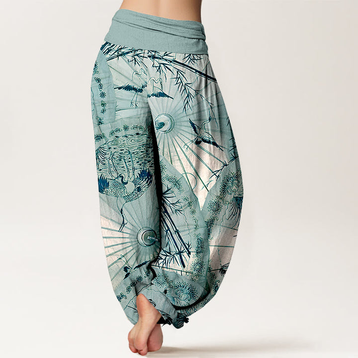 Pantaloni harem da donna con elastico in vita, modello gru e bambù, in puro cotone, motivo Buddha Stones - image 9