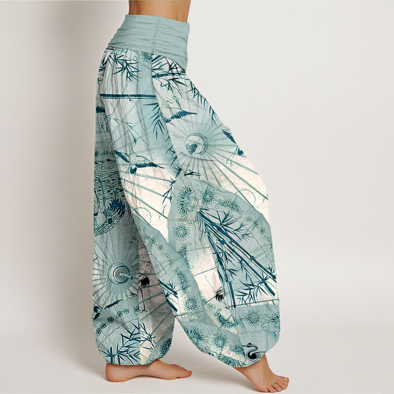 Pantaloni harem da donna con elastico in vita, modello gru e bambù, in puro cotone, motivo Buddha Stones - image 10
