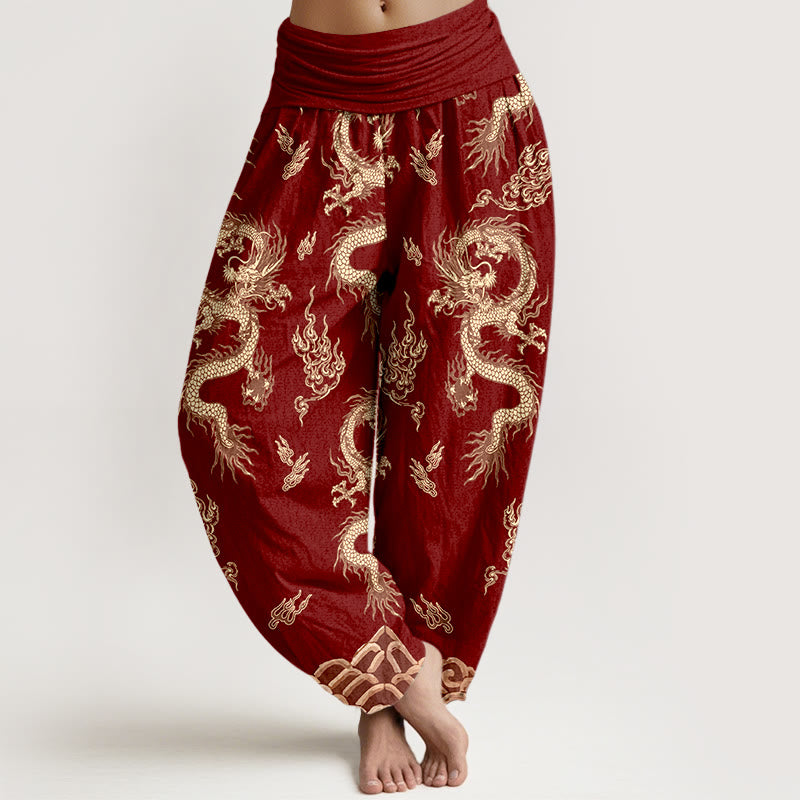 Pantaloni harem da donna con elastico in vita, motivo drago e nuvola in puro cotone Buddha Stones - Rosso scuro - US16, UK/AU20, EU48 (3XL) - image 0