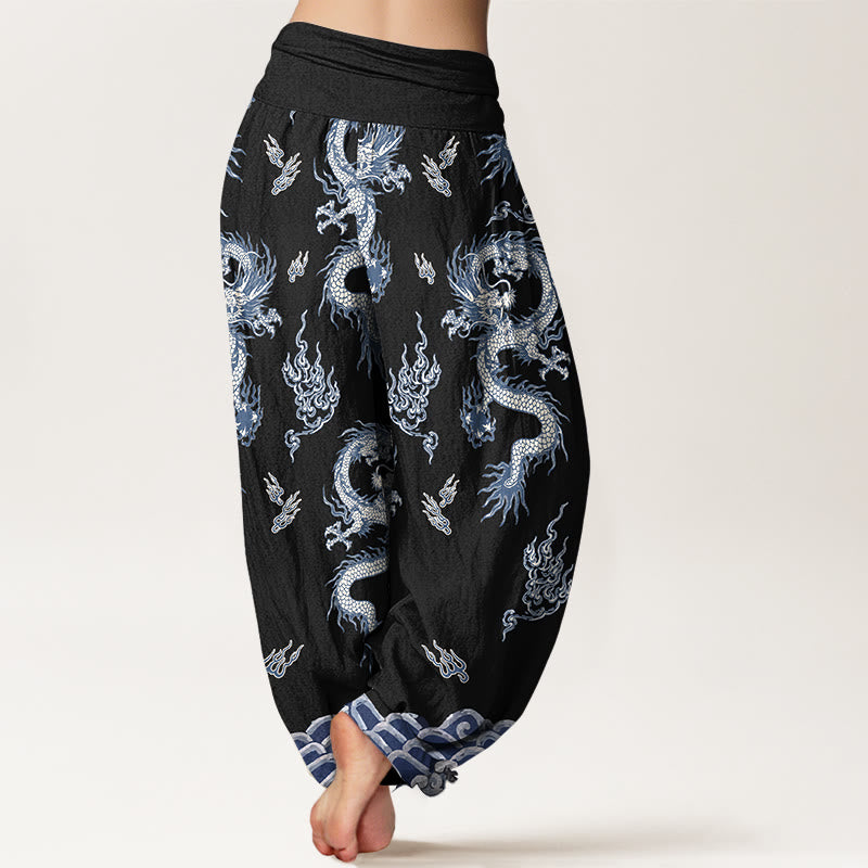 Pantaloni harem da donna con elastico in vita, motivo drago e nuvola in puro cotone Buddha Stones - image 6