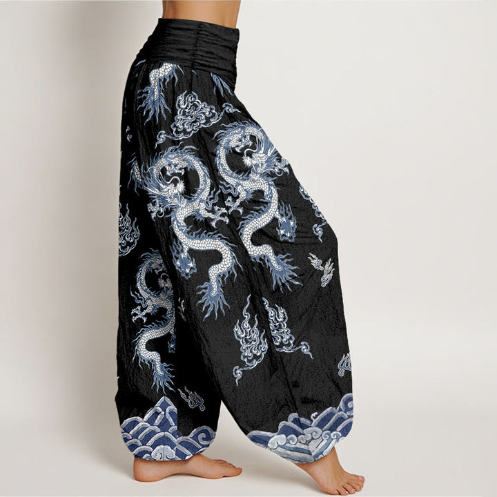 Pantaloni harem da donna con elastico in vita, motivo drago e nuvola in puro cotone Buddha Stones - image 7