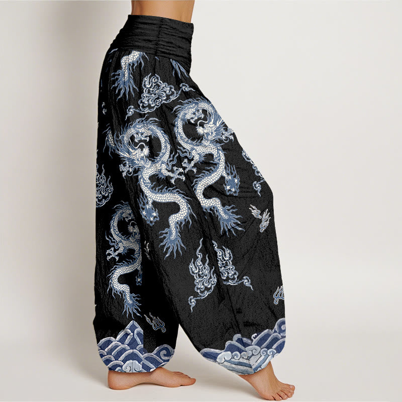 Pantaloni harem da donna con elastico in vita, motivo drago e nuvola in puro cotone Buddha Stones - image 7