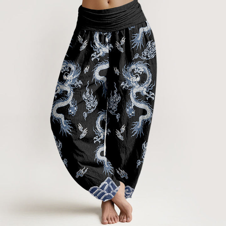 Pantaloni harem da donna con elastico in vita, motivo drago e nuvola in puro cotone Buddha Stones - Nero - US16, UK/AU20, EU48 (3XL) - image 5