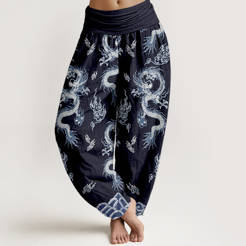 Pantaloni harem da donna con elastico in vita, motivo drago e nuvola in puro cotone Buddha Stones - Marina - US16, UK/AU20, EU48 (3XL) - image 8