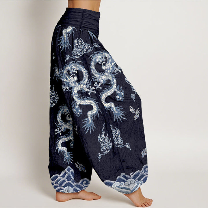 Pantaloni harem da donna con elastico in vita, motivo drago e nuvola in puro cotone Buddha Stones - image 10