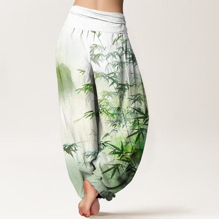 Pantaloni harem da donna con elastico in vita, in puro cotone, con motivo a montagne e foglie di bambù, motivo Buddha Stones - image 1