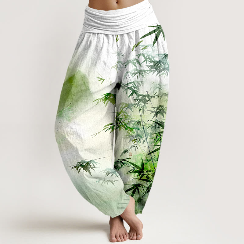Pantaloni harem da donna con elastico in vita, in puro cotone, con motivo a montagne e foglie di bambù, motivo Buddha Stones - Verde chiaro - US16, UK/AU20, EU48 (3XL) - image 0