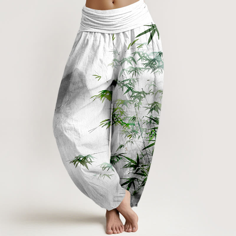 Pantaloni harem da donna con elastico in vita, in puro cotone, con motivo a montagne e foglie di bambù, motivo Buddha Stones - Grigio chiaro - US16, UK/AU20, EU48 (3XL) - image 5