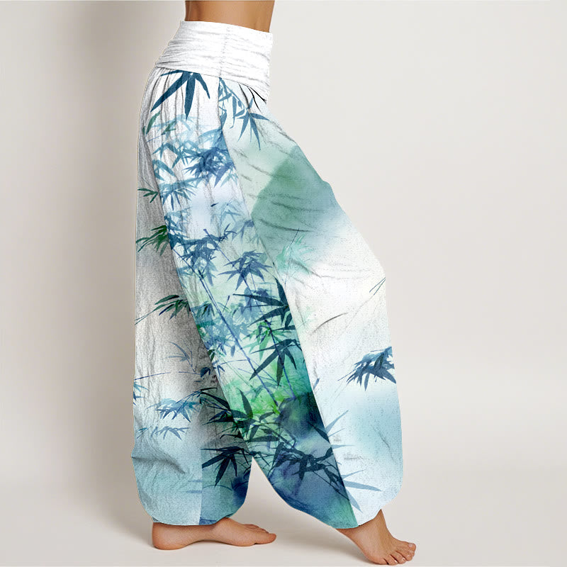 Pantaloni harem da donna con elastico in vita, in puro cotone, con motivo a montagne e foglie di bambù, motivo Buddha Stones - image 10