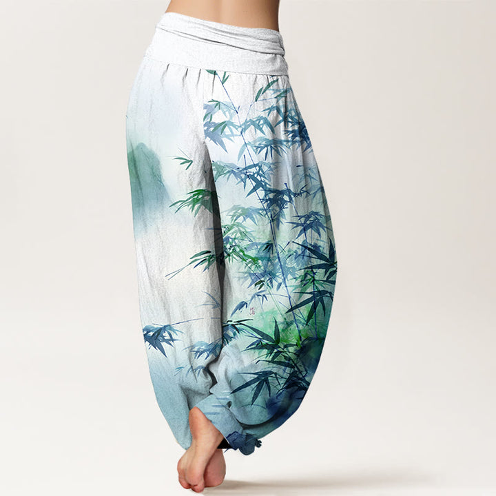 Pantaloni harem da donna con elastico in vita, in puro cotone, con motivo a montagne e foglie di bambù, motivo Buddha Stones - image 9