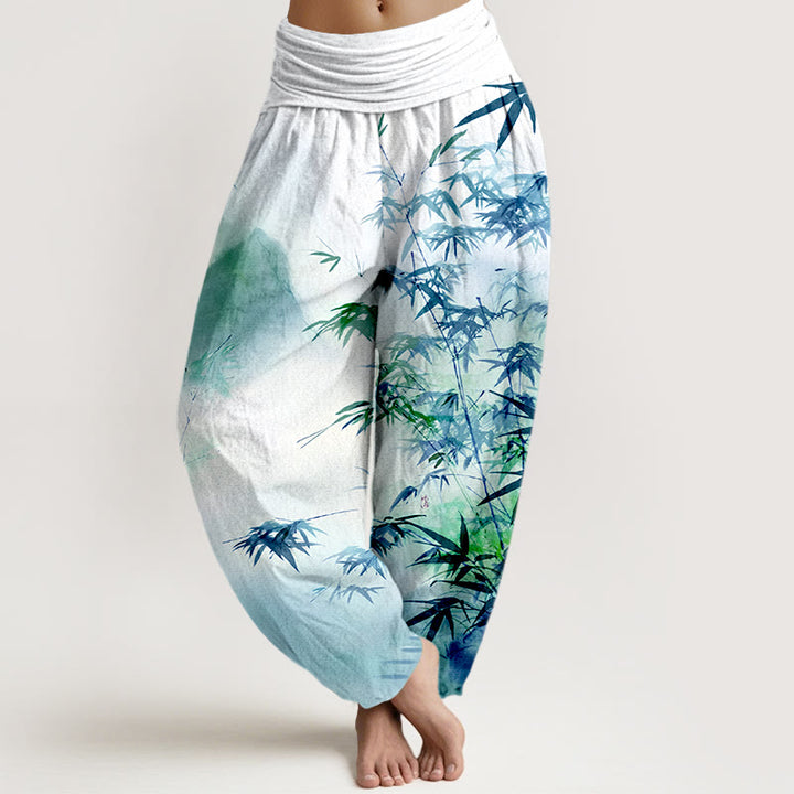 Pantaloni harem da donna con elastico in vita, in puro cotone, con motivo a montagne e foglie di bambù, motivo Buddha Stones - Ciano chiaro - US16, UK/AU20, EU48 (3XL) - image 8