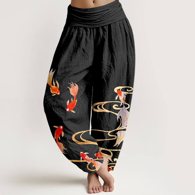 Pantaloni harem da donna con elastico in vita, motivo a onde d'acqua e pesci koi in puro cotone Buddha Stones - Nero - US16, UK/AU20, EU48 (3XL) - image 0