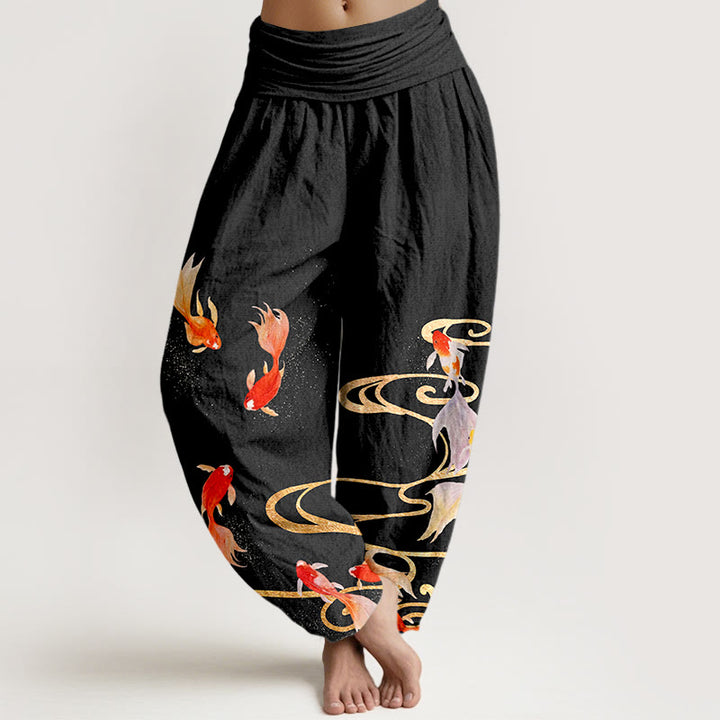 Pantaloni harem da donna con elastico in vita, motivo a onde d'acqua e pesci koi in puro cotone Buddha Stones - Nero - US16, UK/AU20, EU48 (3XL) - image 0