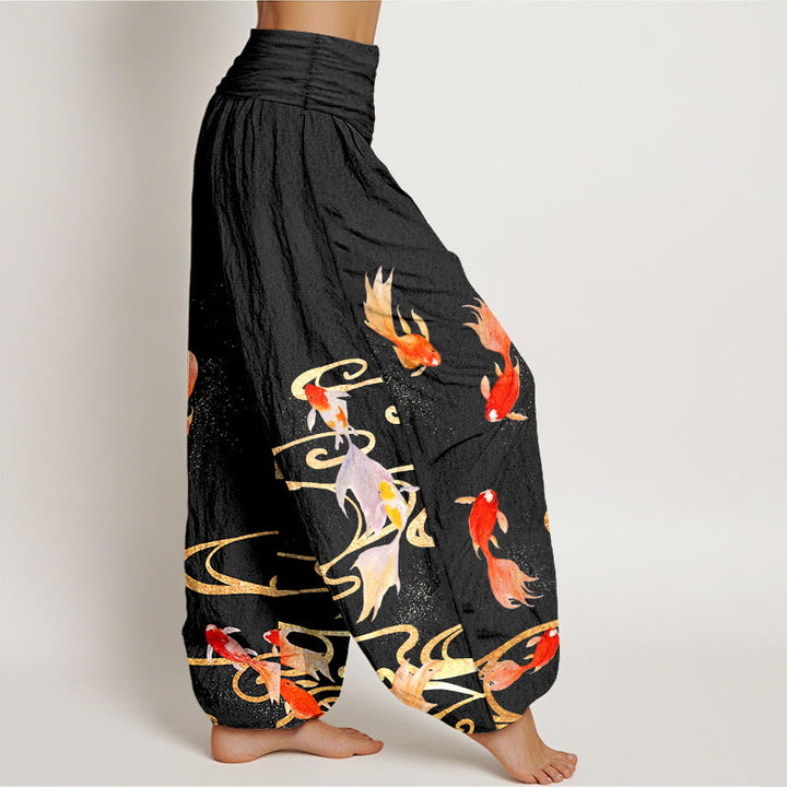 Pantaloni harem da donna con elastico in vita, motivo a onde d'acqua e pesci koi in puro cotone Buddha Stones - image 2