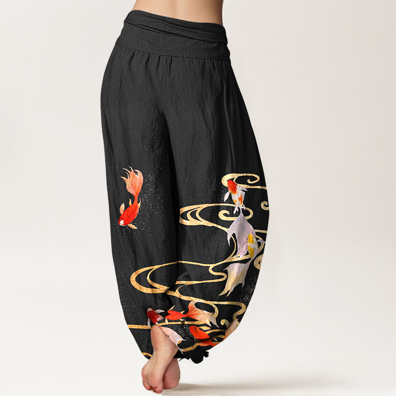 Pantaloni harem da donna con elastico in vita, motivo a onde d'acqua e pesci koi in puro cotone Buddha Stones - image 1