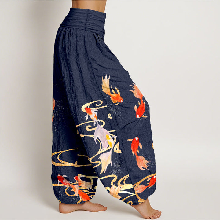 Pantaloni harem da donna con elastico in vita, motivo a onde d'acqua e pesci koi in puro cotone Buddha Stones - image 7
