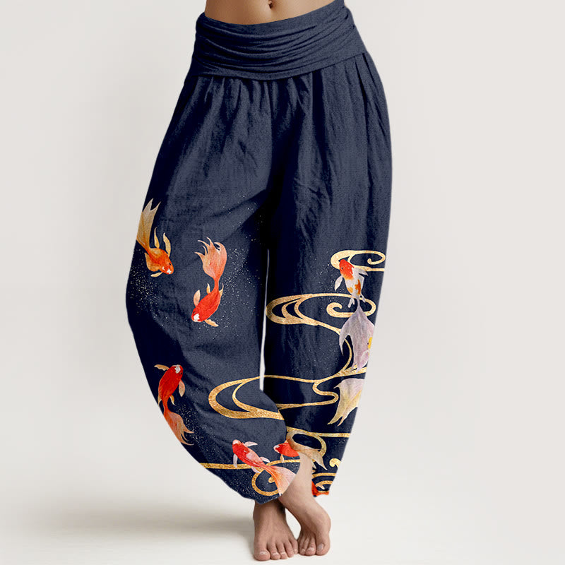 Pantaloni harem da donna con elastico in vita, motivo a onde d'acqua e pesci koi in puro cotone Buddha Stones - Blu notte - US16, UK/AU20, EU48 (3XL) - image 5