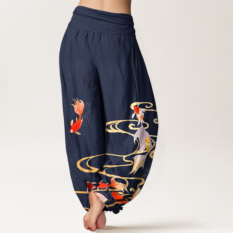 Pantaloni harem da donna con elastico in vita, motivo a onde d'acqua e pesci koi in puro cotone Buddha Stones - image 6