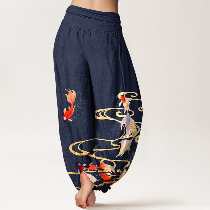 Pantaloni harem da donna con elastico in vita, motivo a onde d'acqua e pesci koi in puro cotone Buddha Stones - image 6