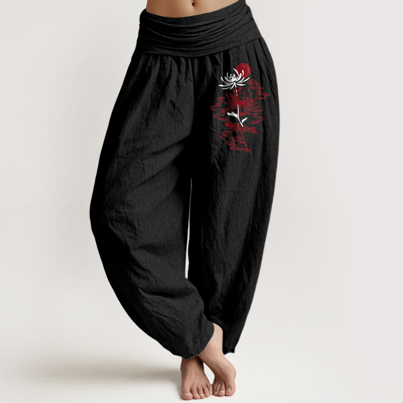 Pantaloni harem in puro cotone con elastico in vita, motivo sole, Buddha Stones e crisantemi da donna - Nero - US16, UK/AU20, EU48 (3XL) - image 5