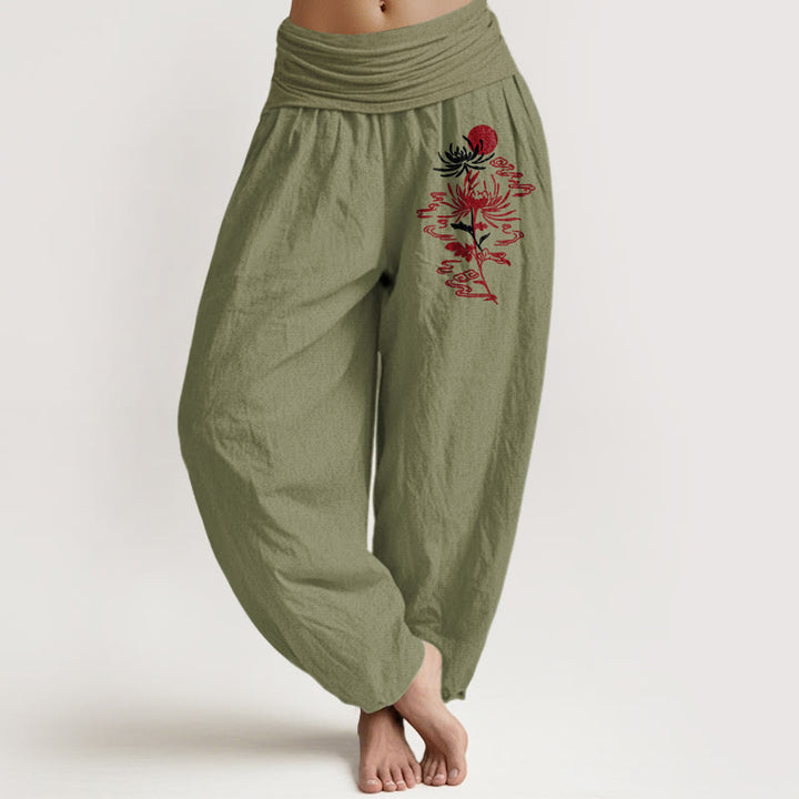 Pantaloni harem in puro cotone con elastico in vita, motivo sole, Buddha Stones e crisantemi da donna - Verde oliva - US16, UK/AU20, EU48 (3XL) - image 14