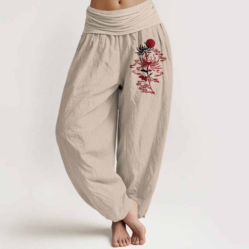 Pantaloni harem in puro cotone con elastico in vita, motivo sole, Buddha Stones e crisantemi da donna - Abbronzatura - US16, UK/AU20, EU48 (3XL) - image 0