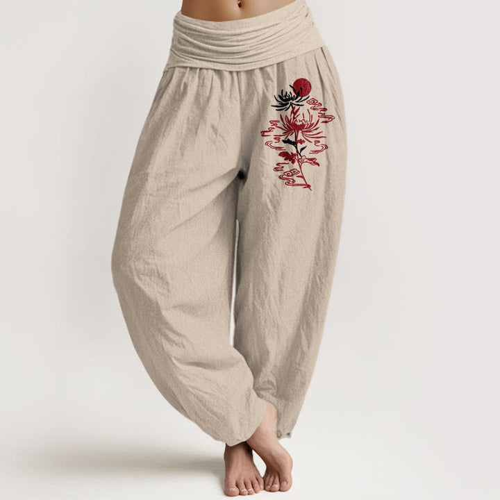Pantaloni harem in puro cotone con elastico in vita, motivo sole, Buddha Stones e crisantemi da donna - Abbronzatura - US16, UK/AU20, EU48 (3XL) - image 0