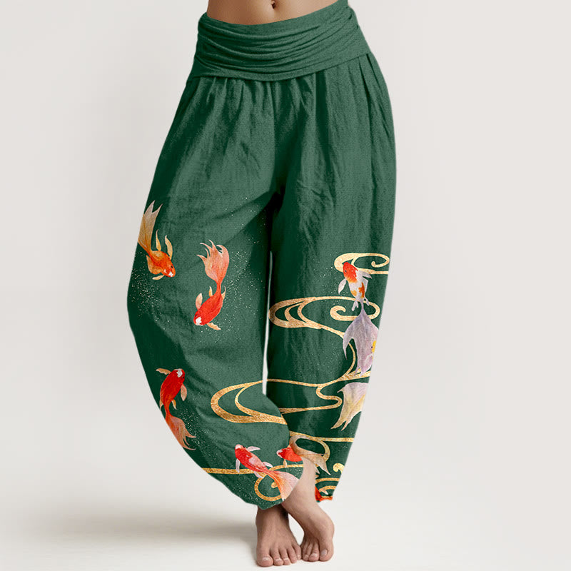 Pantaloni harem da donna con elastico in vita, motivo a onde d'acqua e pesci koi in puro cotone Buddha Stones - Verde - US16, UK/AU20, EU48 (3XL) - image 8
