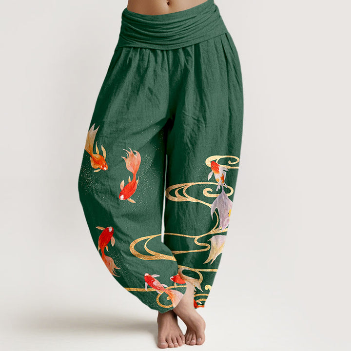 Pantaloni harem da donna con elastico in vita, motivo a onde d'acqua e pesci koi in puro cotone Buddha Stones - Verde - US16, UK/AU20, EU48 (3XL) - image 8