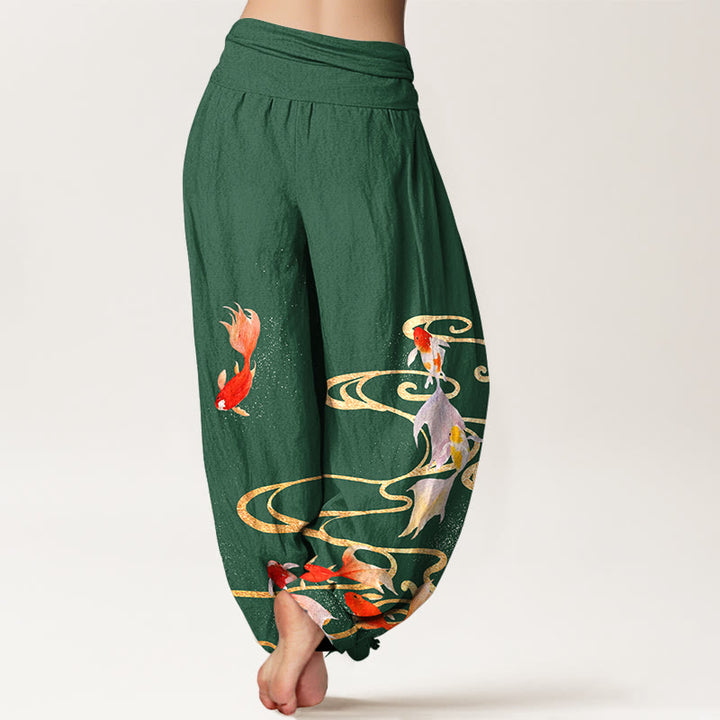 Pantaloni harem da donna con elastico in vita, motivo a onde d'acqua e pesci koi in puro cotone Buddha Stones - image 9