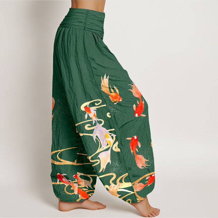 Pantaloni harem da donna con elastico in vita, motivo a onde d'acqua e pesci koi in puro cotone Buddha Stones - image 10