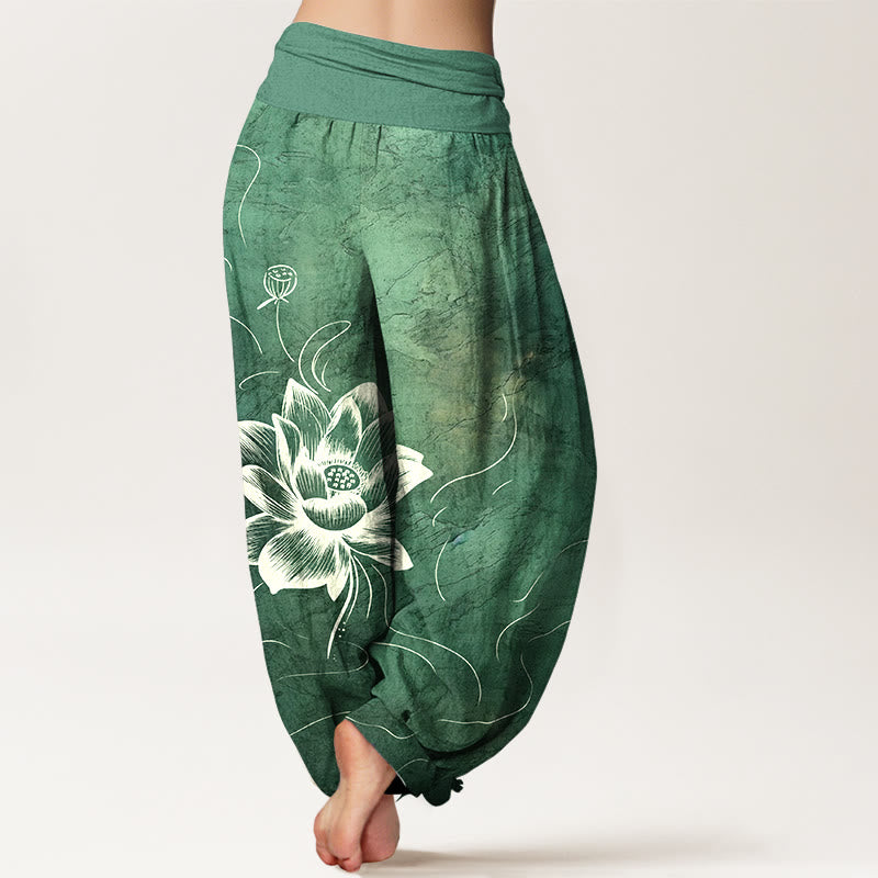 Pantaloni harem da donna con elastico in vita e motivo a fiori di loto in puro cotone Buddha Stones - image 1