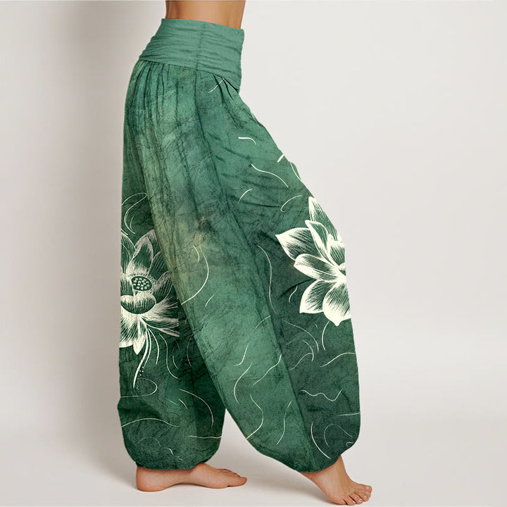 Pantaloni harem da donna con elastico in vita e motivo a fiori di loto in puro cotone Buddha Stones - image 2