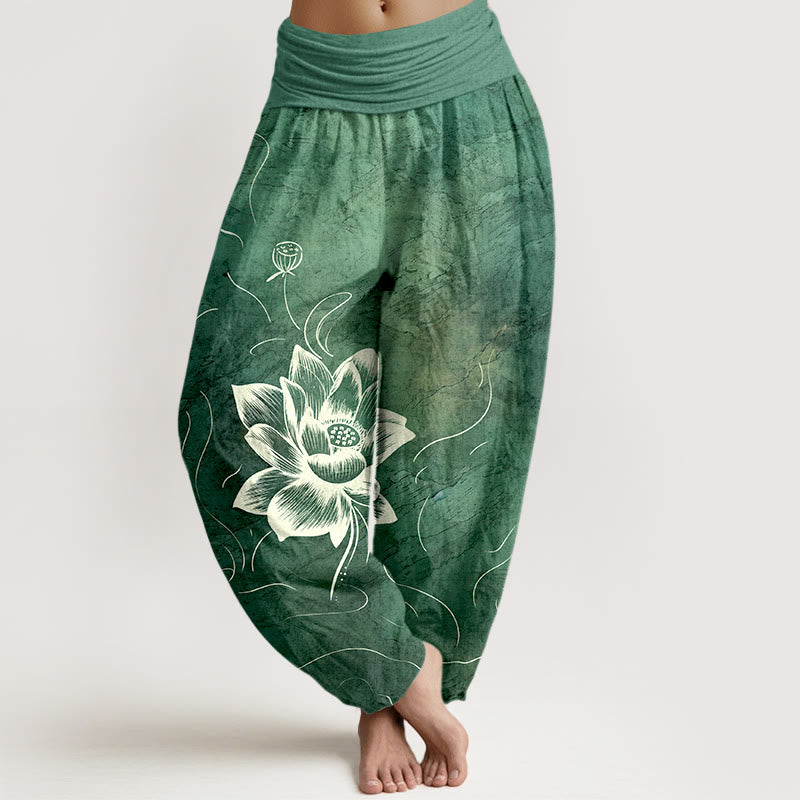 Pantaloni harem da donna con elastico in vita e motivo a fiori di loto in puro cotone Buddha Stones - SeaGreen - US16, UK/AU20, EU48 (3XL) - image 0
