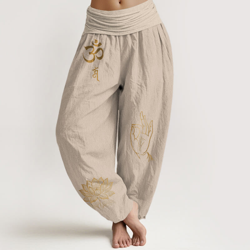 Pantaloni harem in cotone con elastico in vita da donna , Buddha Stones, simboli Om Dhi, motivo a mano di Buddha e loto - Abbronzatura - US16, UK/AU20, EU48 (3XL) - image 11
