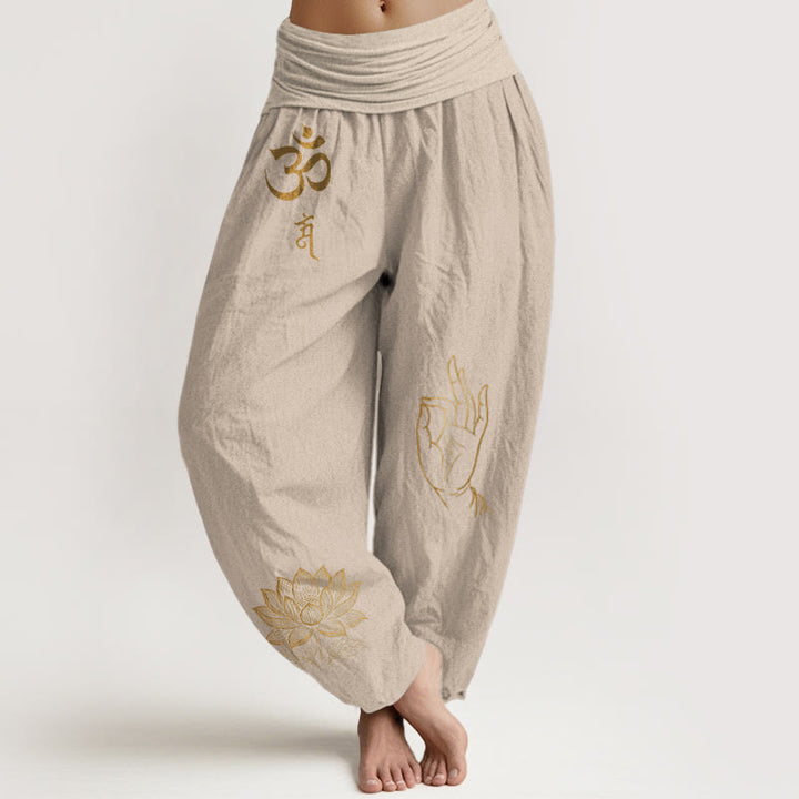 Pantaloni harem in cotone con elastico in vita da donna , Buddha Stones, simboli Om Dhi, motivo a mano di Buddha e loto - Abbronzatura - US16, UK/AU20, EU48 (3XL) - image 11