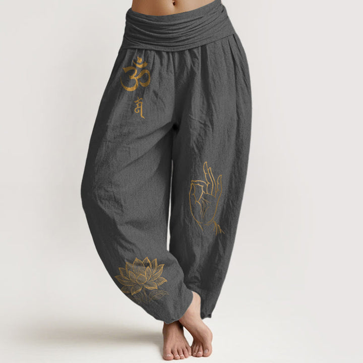 Pantaloni harem in cotone con elastico in vita da donna , Buddha Stones, simboli Om Dhi, motivo a mano di Buddha e loto - Grigio tenue - US16, UK/AU20, EU48 (3XL) - image 8