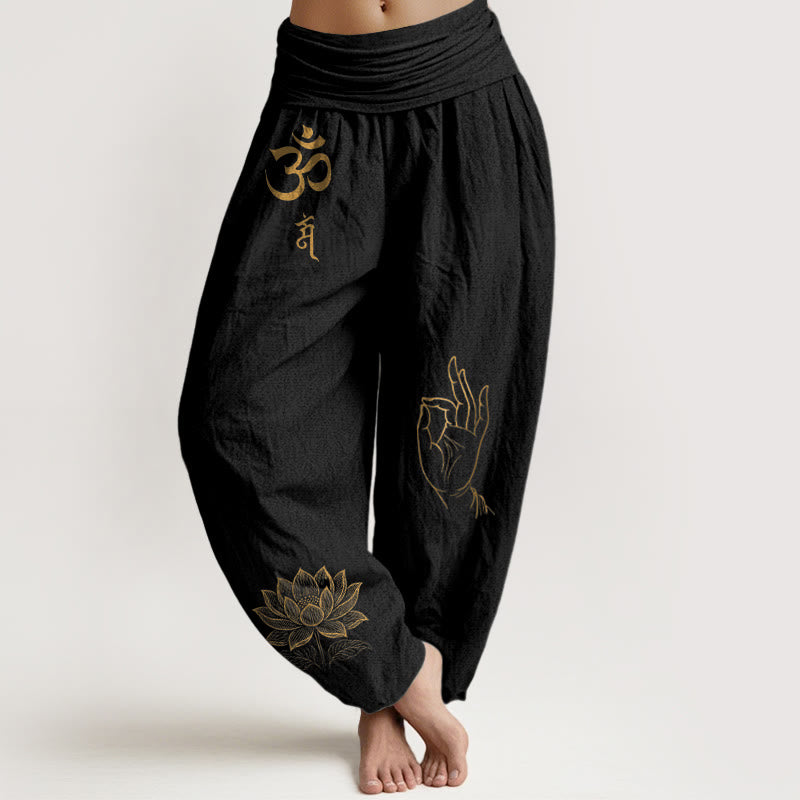 Pantaloni harem in cotone con elastico in vita da donna , Buddha Stones, simboli Om Dhi, motivo a mano di Buddha e loto - Nero - US16, UK/AU20, EU48 (3XL) - image 0