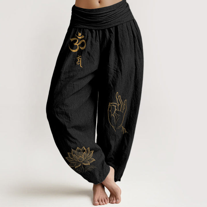 Pantaloni harem in cotone con elastico in vita da donna , Buddha Stones, simboli Om Dhi, motivo a mano di Buddha e loto - Nero - US16, UK/AU20, EU48 (3XL) - image 0