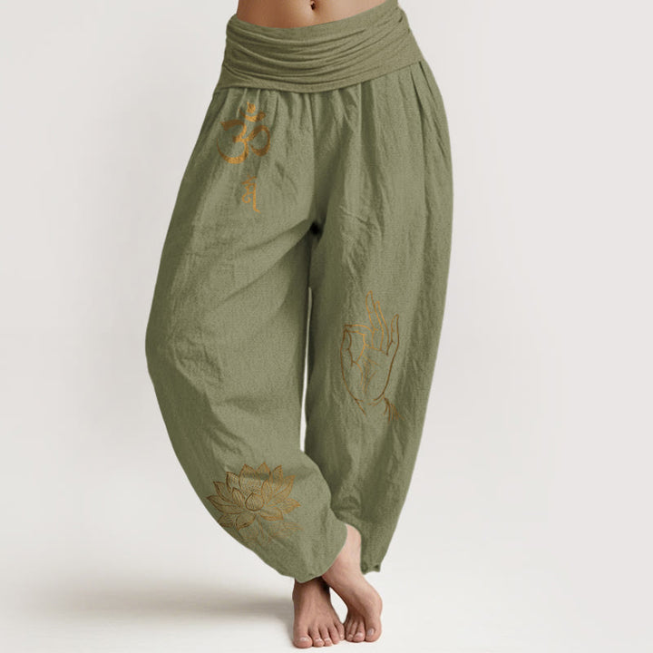 Pantaloni harem in cotone con elastico in vita da donna , Buddha Stones, simboli Om Dhi, motivo a mano di Buddha e loto - Verde oliva - US16, UK/AU20, EU48 (3XL) - image 14