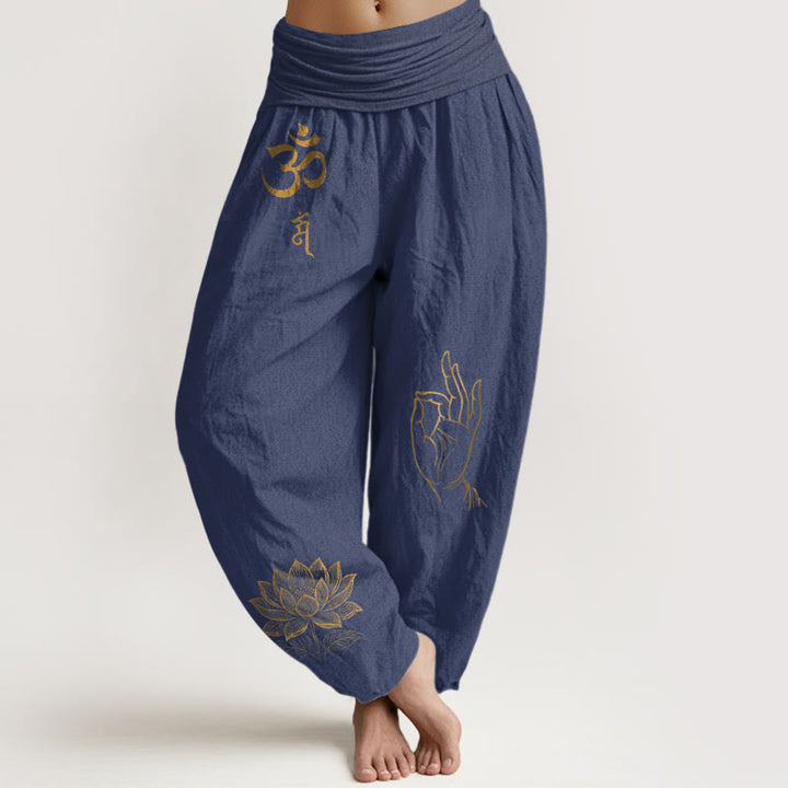 Pantaloni harem in cotone con elastico in vita da donna , Buddha Stones, simboli Om Dhi, motivo a mano di Buddha e loto - Blu ardesia scuro - US16, UK/AU20, EU48 (3XL) - image 5