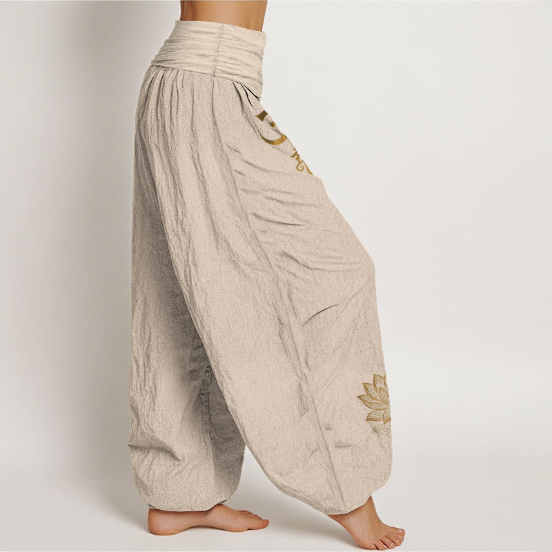 Pantaloni harem in cotone con elastico in vita da donna , Buddha Stones, simboli Om Dhi, motivo a mano di Buddha e loto - image 12