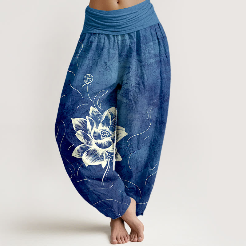 Pantaloni harem da donna con elastico in vita e motivo a fiori di loto in puro cotone Buddha Stones - Blu Reale - US16, UK/AU20, EU48 (3XL) - image 5