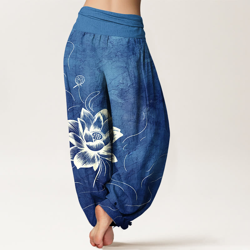 Pantaloni harem da donna con elastico in vita e motivo a fiori di loto in puro cotone Buddha Stones - image 6