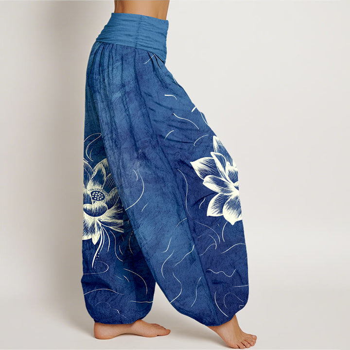 Pantaloni harem da donna con elastico in vita e motivo a fiori di loto in puro cotone Buddha Stones - image 7