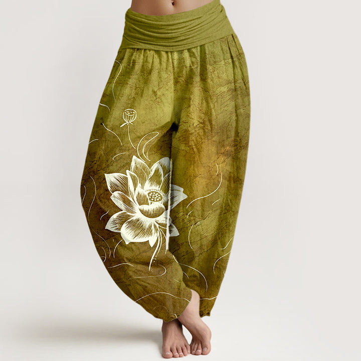 Pantaloni harem da donna con elastico in vita e motivo a fiori di loto in puro cotone Buddha Stones - DarkGoldenrod - US16, UK/AU20, EU48 (3XL) - image 8