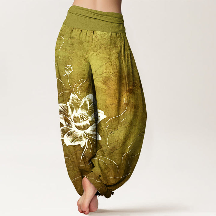 Pantaloni harem da donna con elastico in vita e motivo a fiori di loto in puro cotone Buddha Stones - image 9