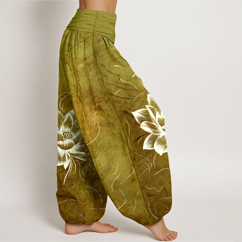Pantaloni harem da donna con elastico in vita e motivo a fiori di loto in puro cotone Buddha Stones - image 10